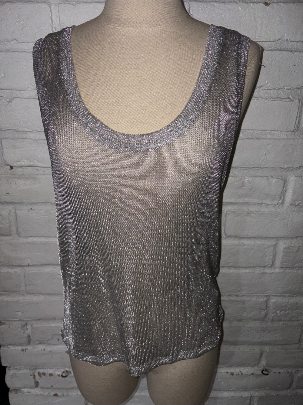 NWT Forever 21 Metallic Sheer Scoop Neck Tank Top - Silver Size L